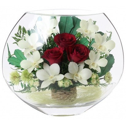 Композиция из живых роз и орхидей в стекле